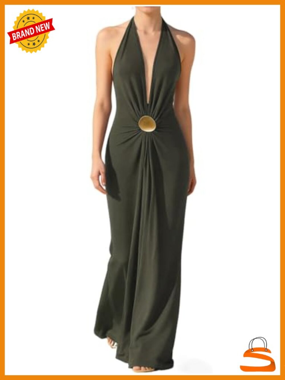 Halter Maxi Dress Deep V Neck Ruched Bodycon Backless Formal Wedding Guest